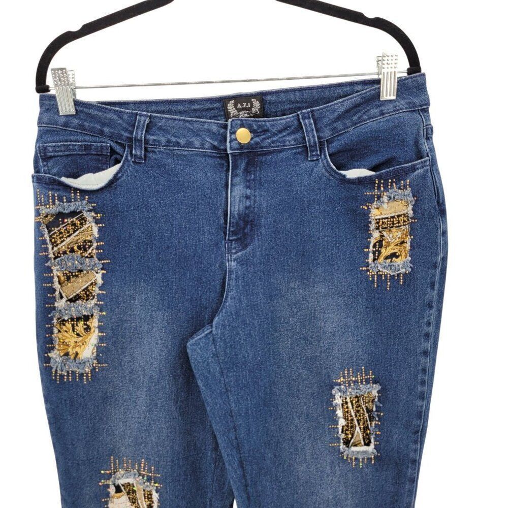 A.Z.I Womens Distressed Skinny Jeans Sz 10 Stretch Blue Denim Gold Patchwork - Picture 5 of 10